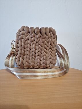 Chunky Handwoven Tan Crossbody Bag with Gold-Trim Strap